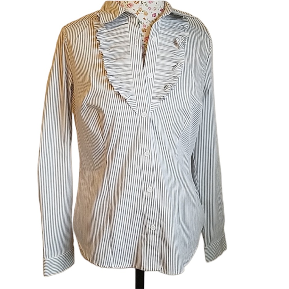 East 5th Women’s embroidered striped shirt button down top blouse M long sleeves